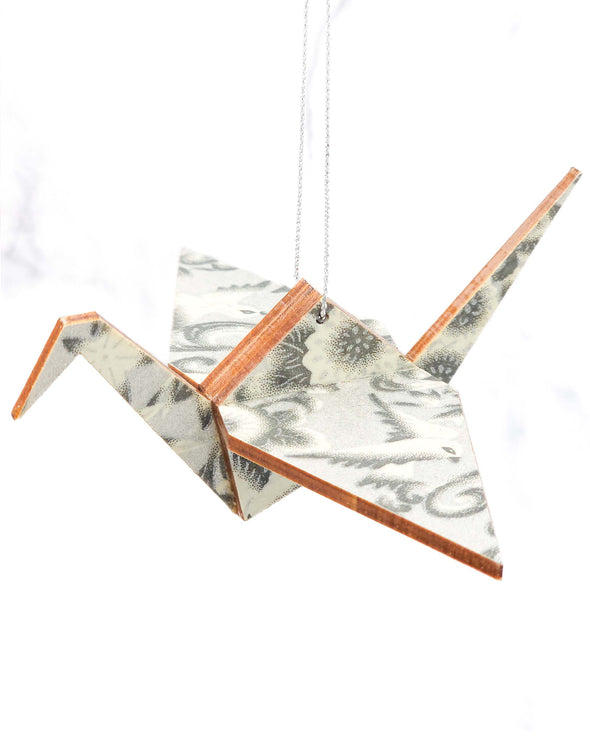 Wooden Origami Crane - Silver Birds & Flowers