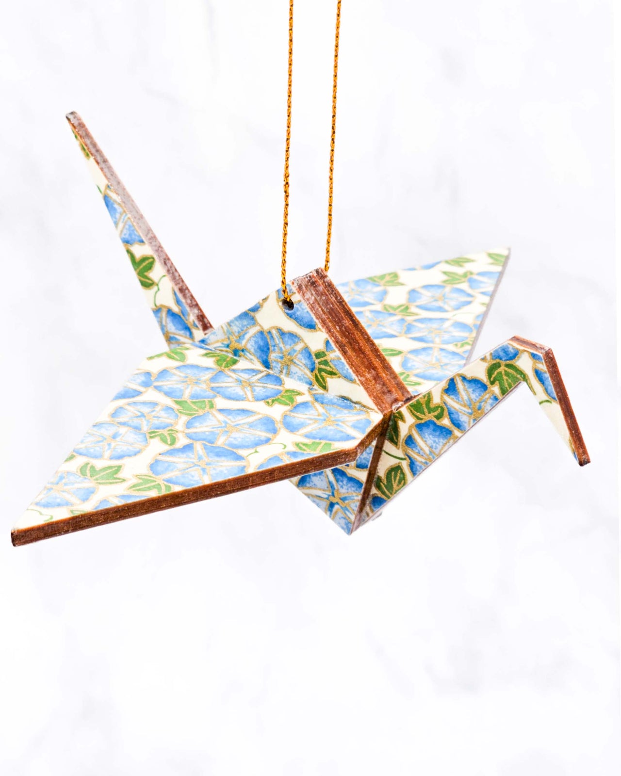 Wooden Origami Crane - Blue Morning Glory Flowers