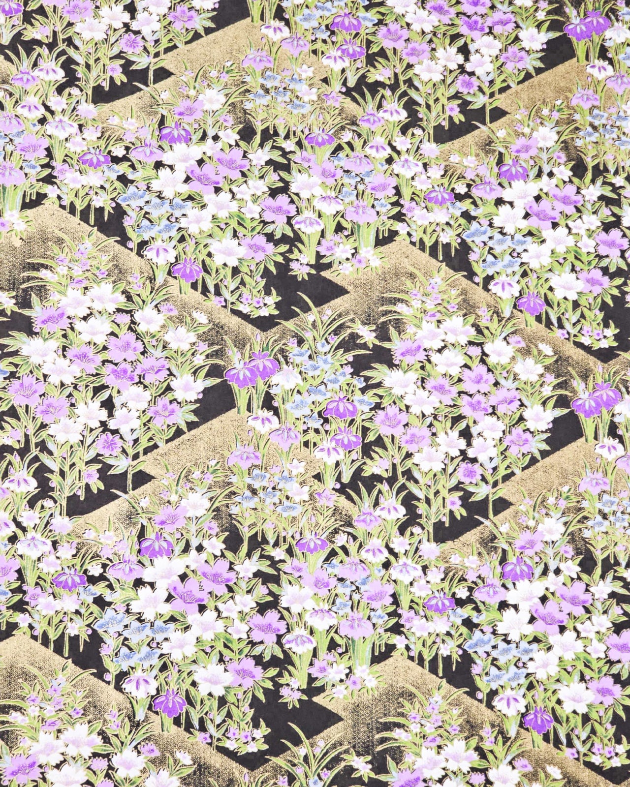 Japanese chiyogami paper featuring blue, purple, and white irises on a black background with metallic gold accents.