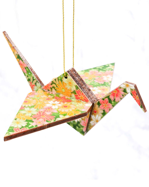 Wooden Origami Crane - Assorted Flowers on Green