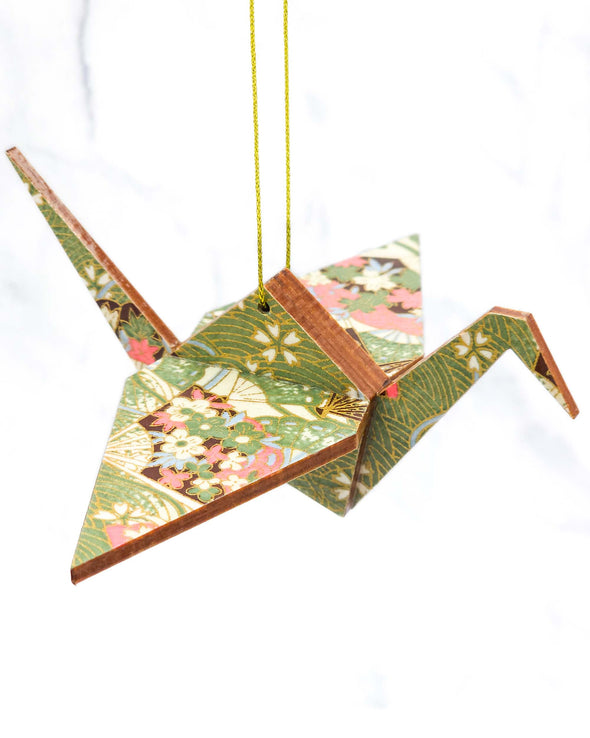 Wooden Origami Crane -  Floral Hand Fans on Green