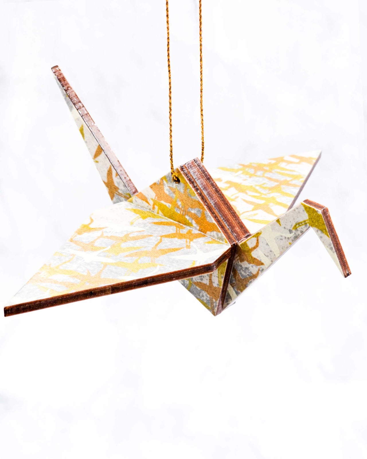 Wooden Origami Crane - Gold & White Cranes on Gray