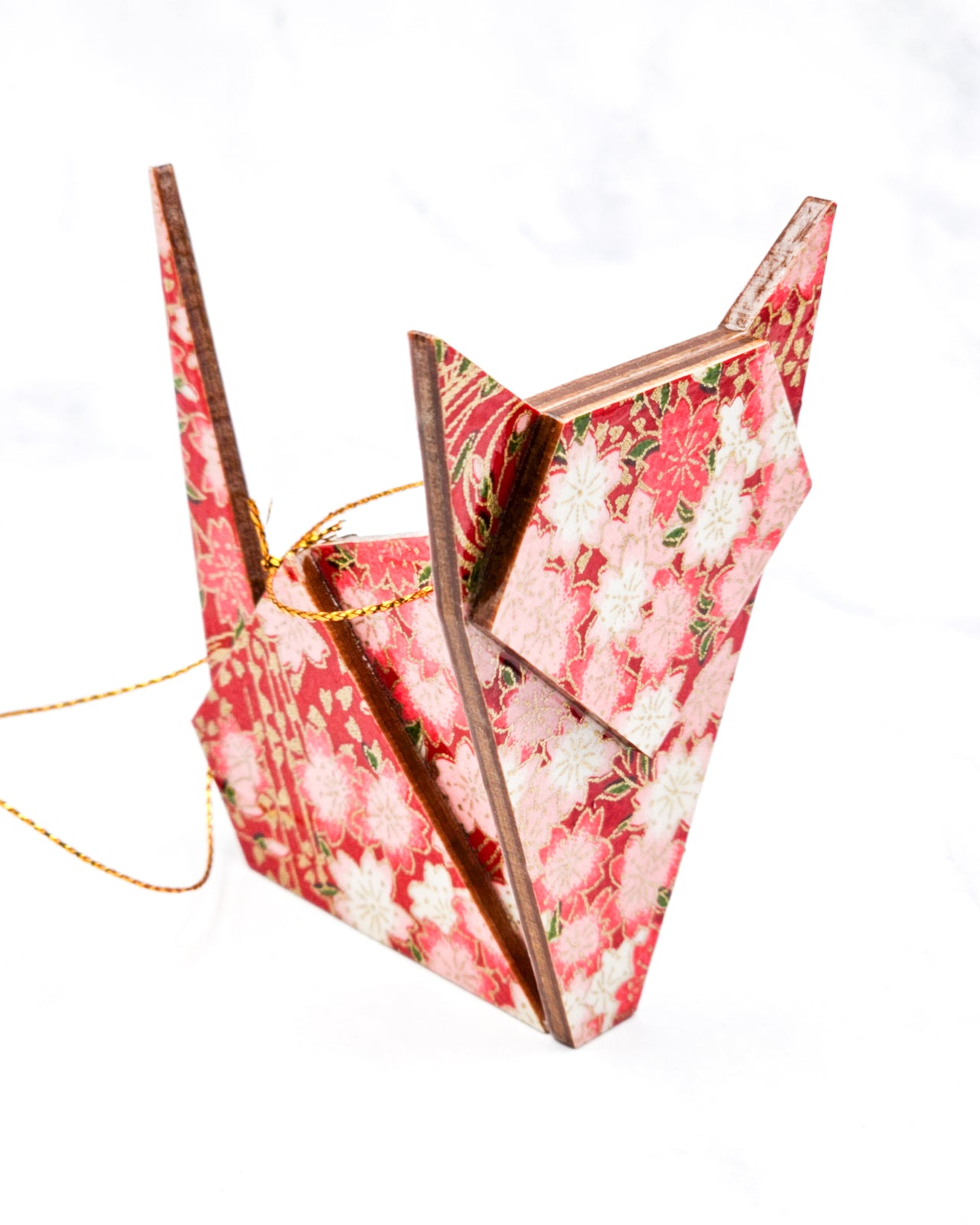 Wooden Origami Cat - Red & White Cherry Blossoms on Red