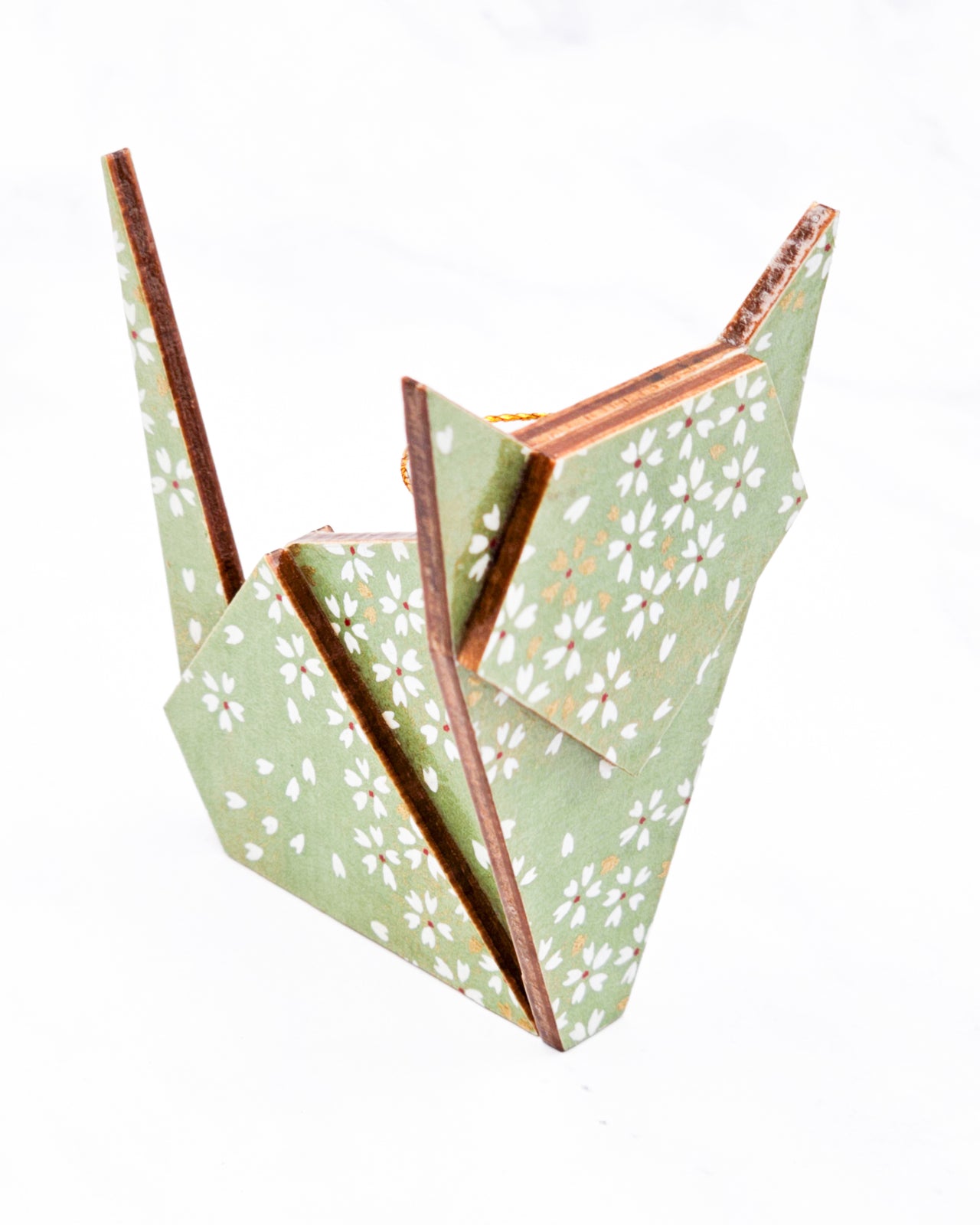 Wooden Origami Cat - White & Gold Cherry Blossoms on Green