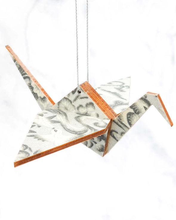Wooden Origami Crane - Silver Birds & Flowers