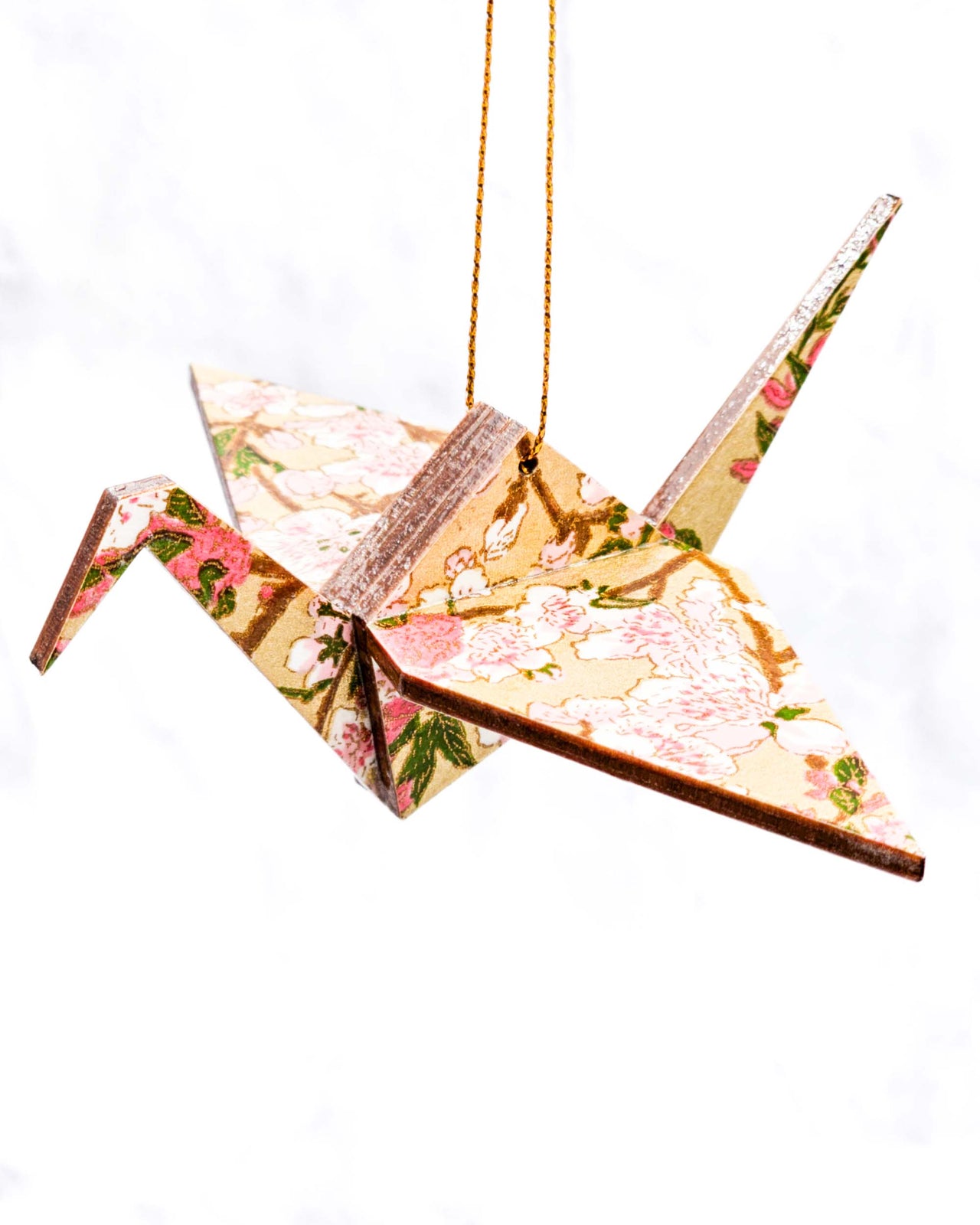 Wooden Origami Crane - Pink Plum Blossoms on Gold