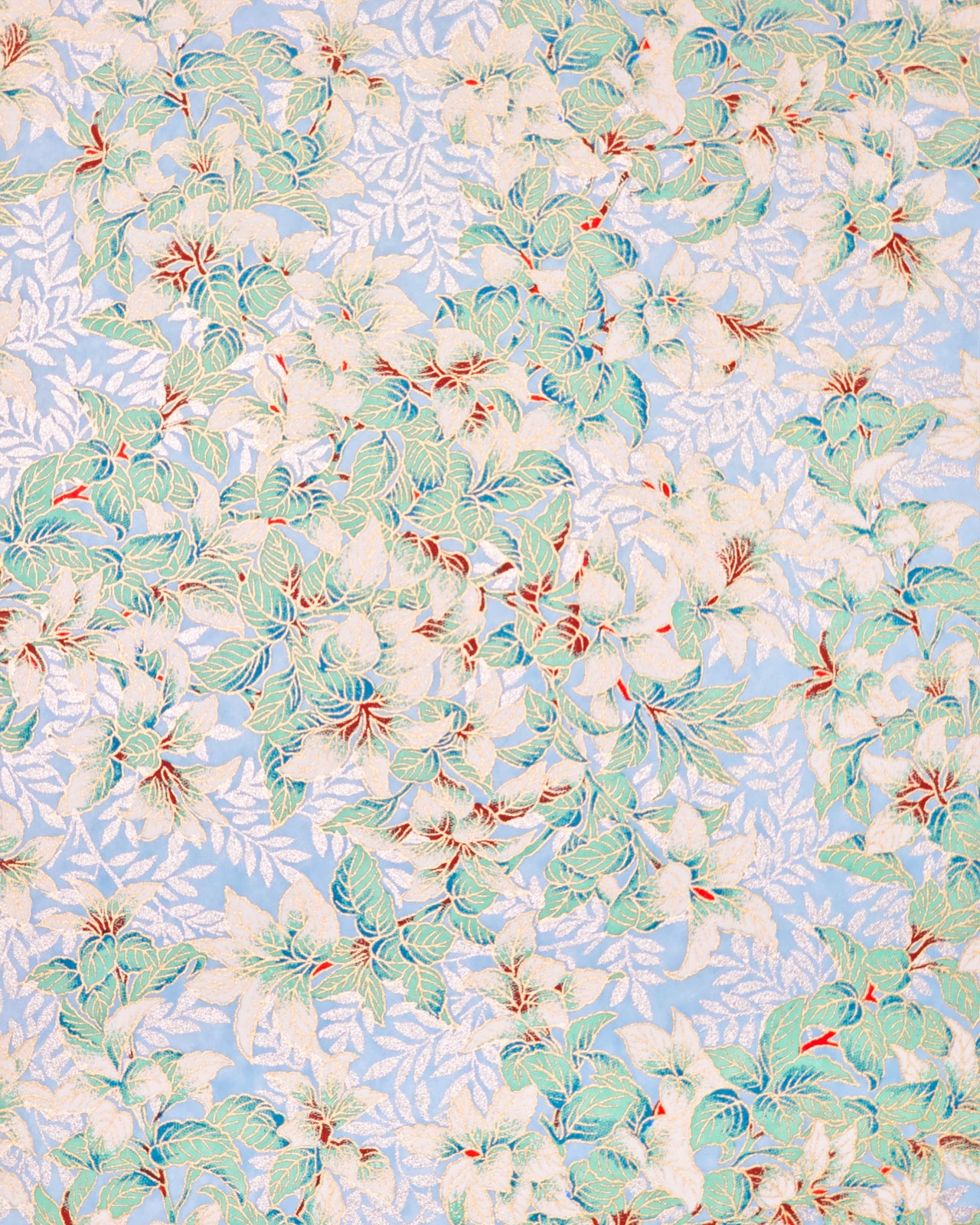 Japanese chiyogami paper featuring pink & white cherry blossoms on a light blue background with metallic gold accents.