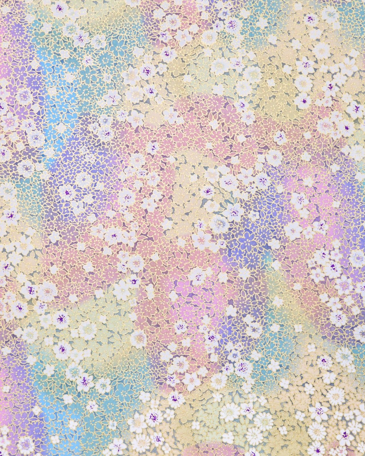 Japanese chiyogami paper featuring small rainbow-colored flowers with metallic gold accents.