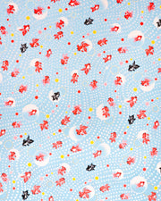 Japanese chiyogami paper featuring red and black fishes on a pearlescent blue background with metallic gold accents