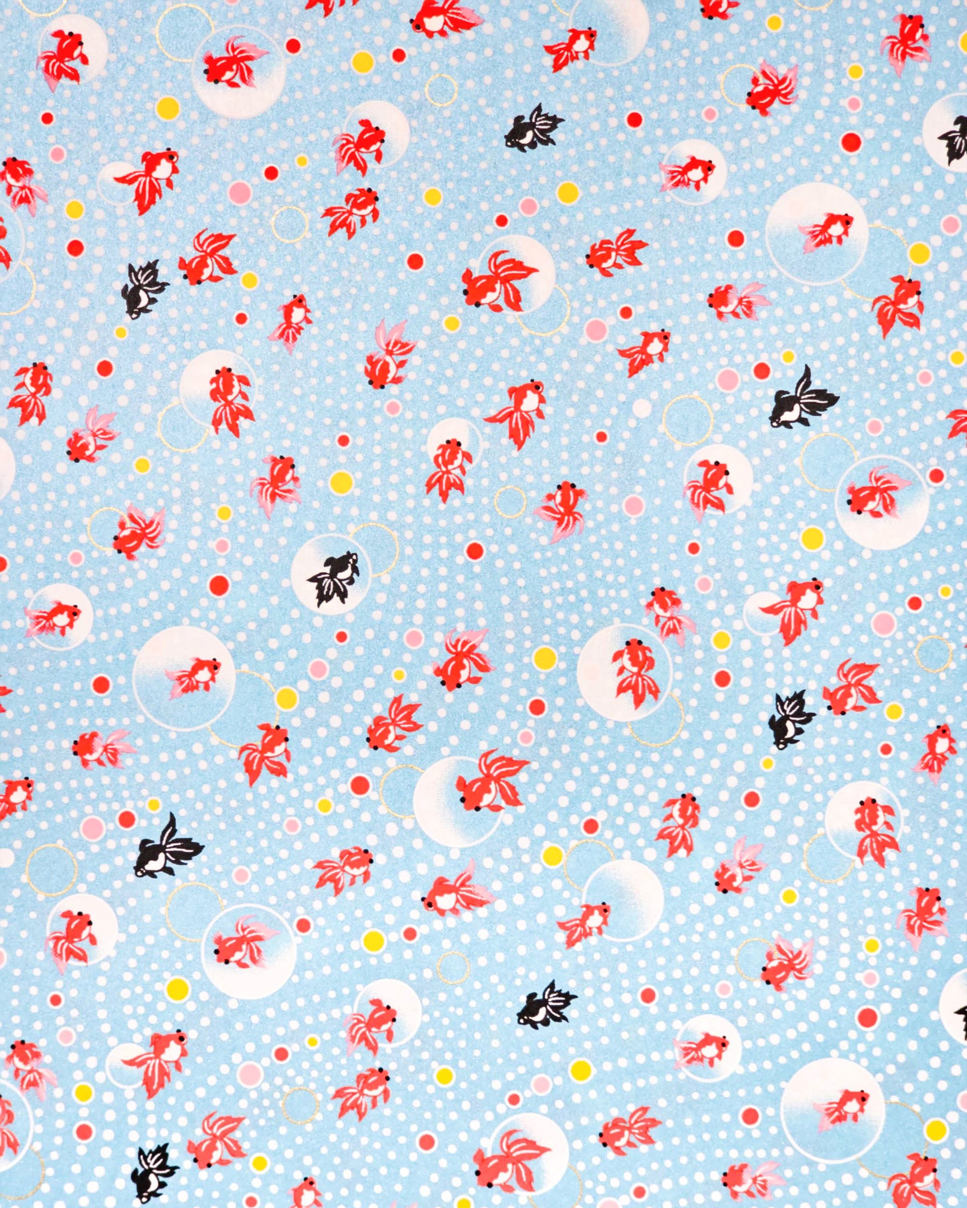 Japanese chiyogami paper featuring red and black fishes on a pearlescent blue background with metallic gold accents