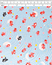 Japanese chiyogami paper featuring red and black fishes on a pearlescent blue background with metallic gold accents