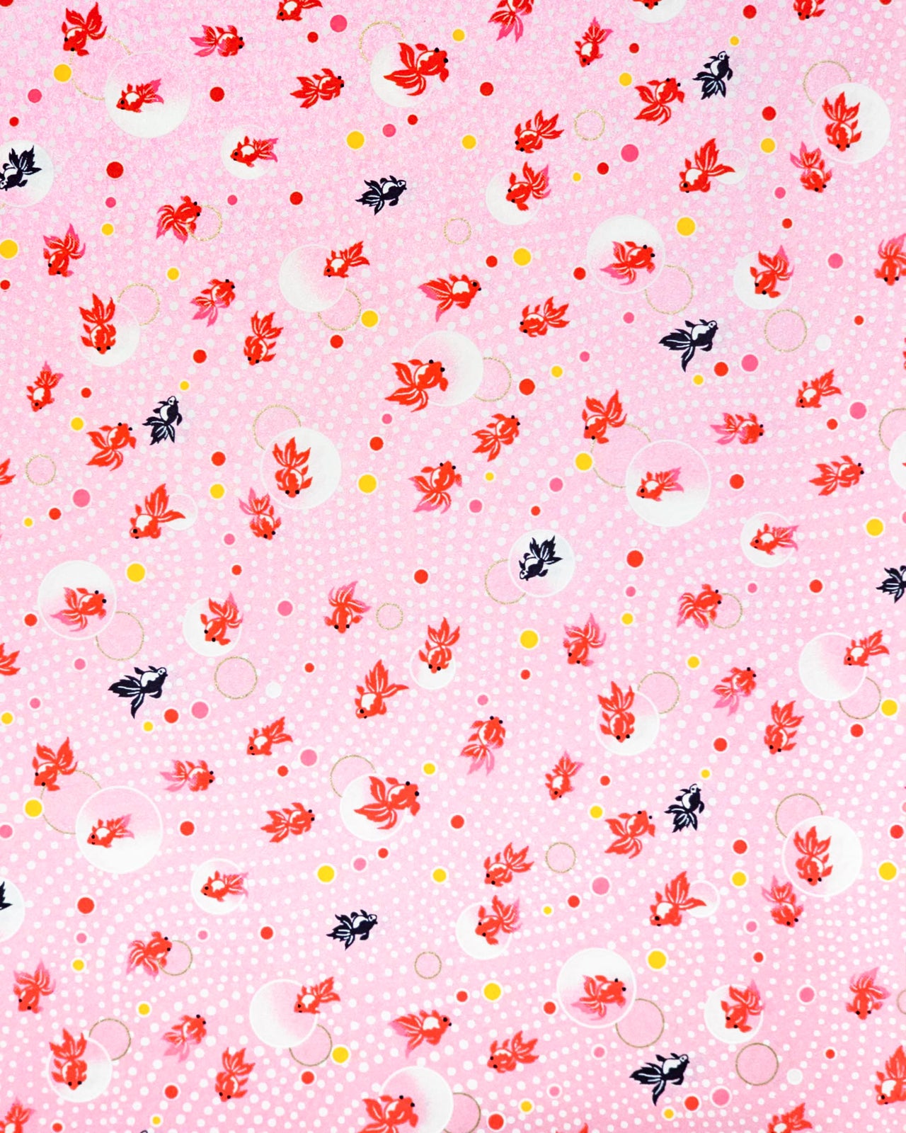 Japanese chiyogami paper featuring red and black fishes on a pearlescent pink background with metallic gold accents