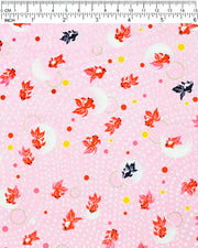 Japanese chiyogami paper featuring red and black fishes on a pearlescent pink background with metallic gold accents