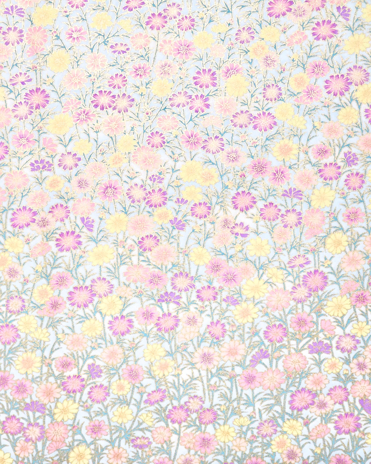 Japanese chiyogami paper featuring purple, pink, and yellow flower stalks on a light blue background with metallic gold accents