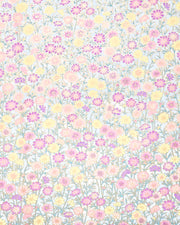 Japanese chiyogami paper featuring purple, pink, and yellow flower stalks on a light blue background with metallic gold accents