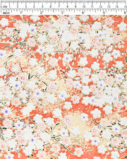 Japanese chiyogami paper featuring white and pink cherry blossoms on a reddish orange background with metallic gold accents