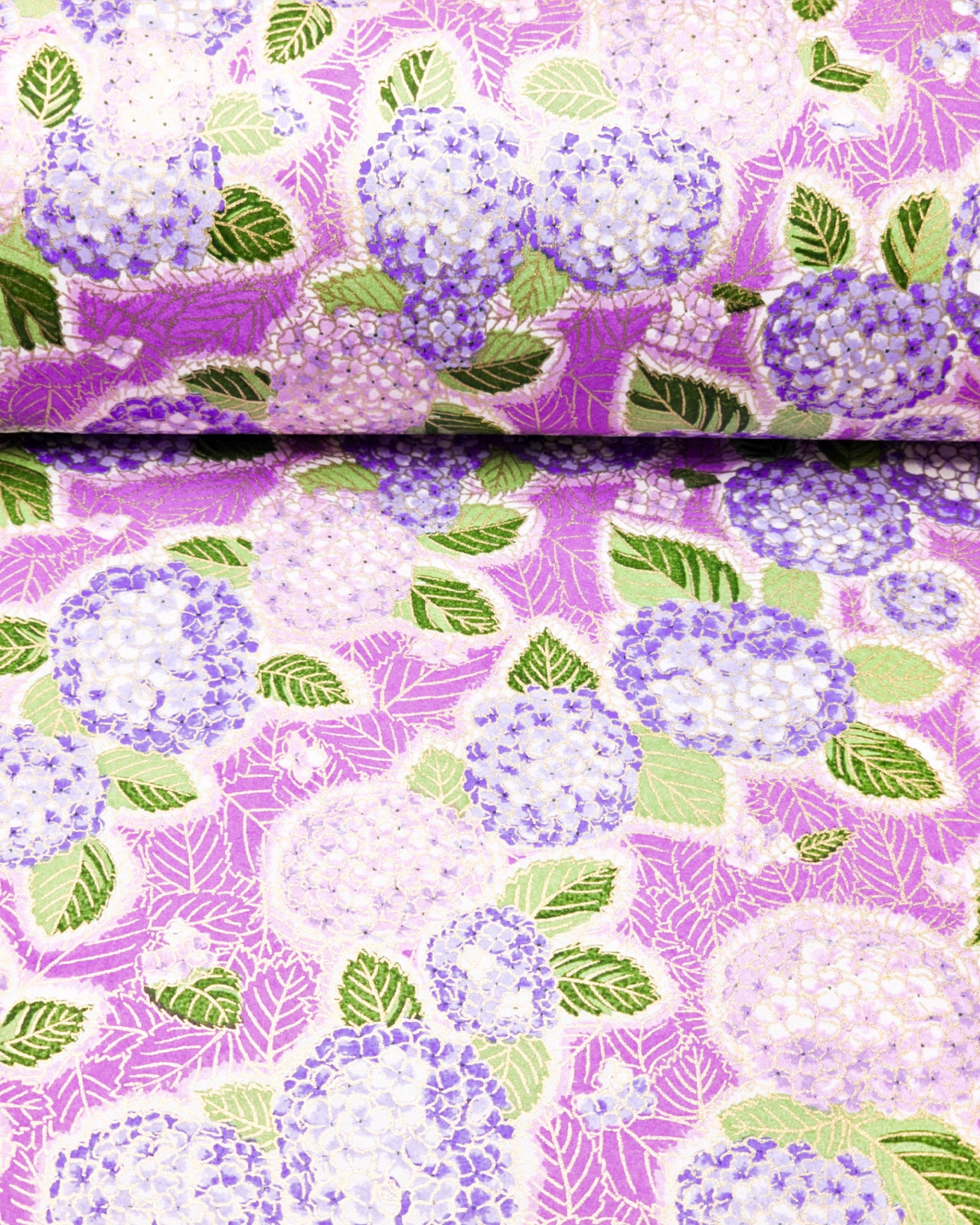 Japanese chiyogami paper featuring purple & blue hydrangeas on a purple background with metallic gold accents.