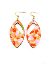 Medium wooden cutout pointed oval shaped earrings featuring orange and purple lotuses on a green background with metallic gold details
