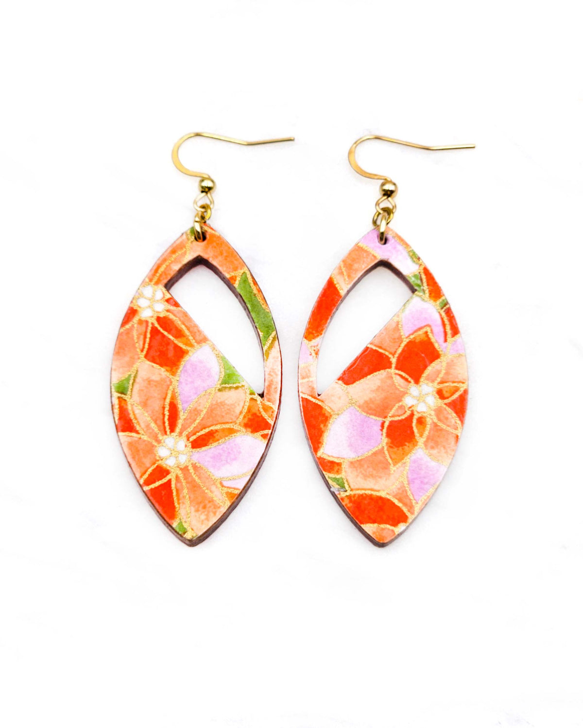Medium wooden cutout pointed oval shaped earrings featuring orange and purple lotuses on a green background with metallic gold details