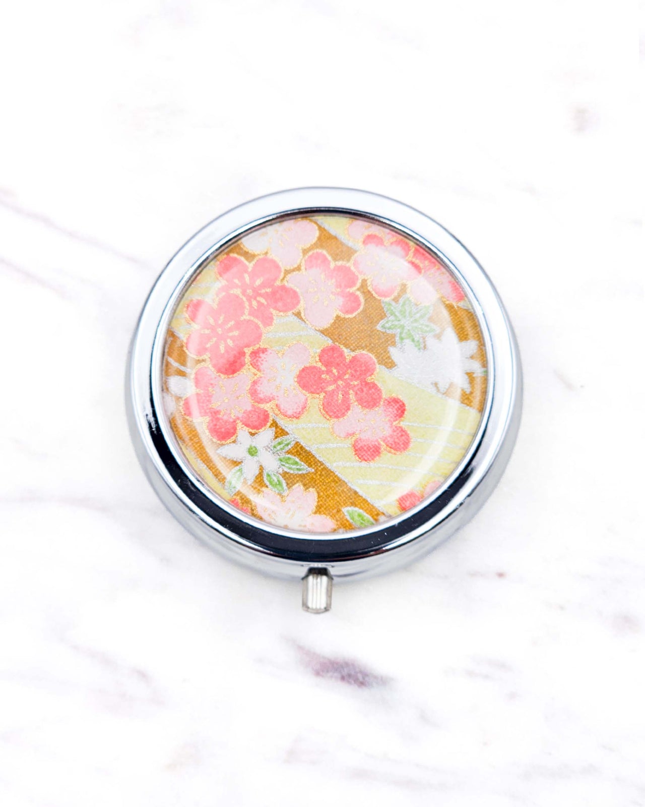 Pink Plum Blossom on Green Pill Box