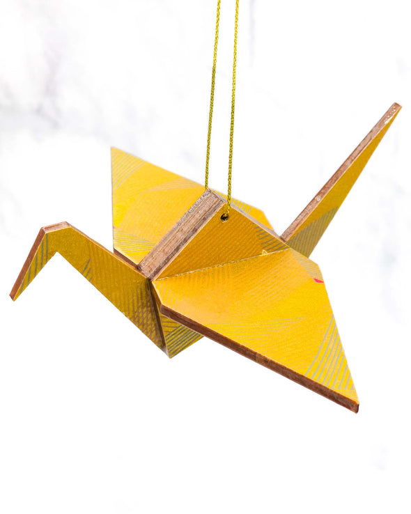 Wooden Origami Crane - Gold Geometric