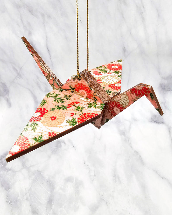 Wooden Origami Crane - Chrysanthemums on Pink