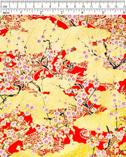 Japanese chiyogami featuring white plum blossom branches on a red and gold background with metallic gold accents.