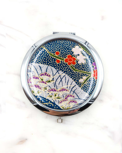 Flowers on Silver & Blue Compact Mirror