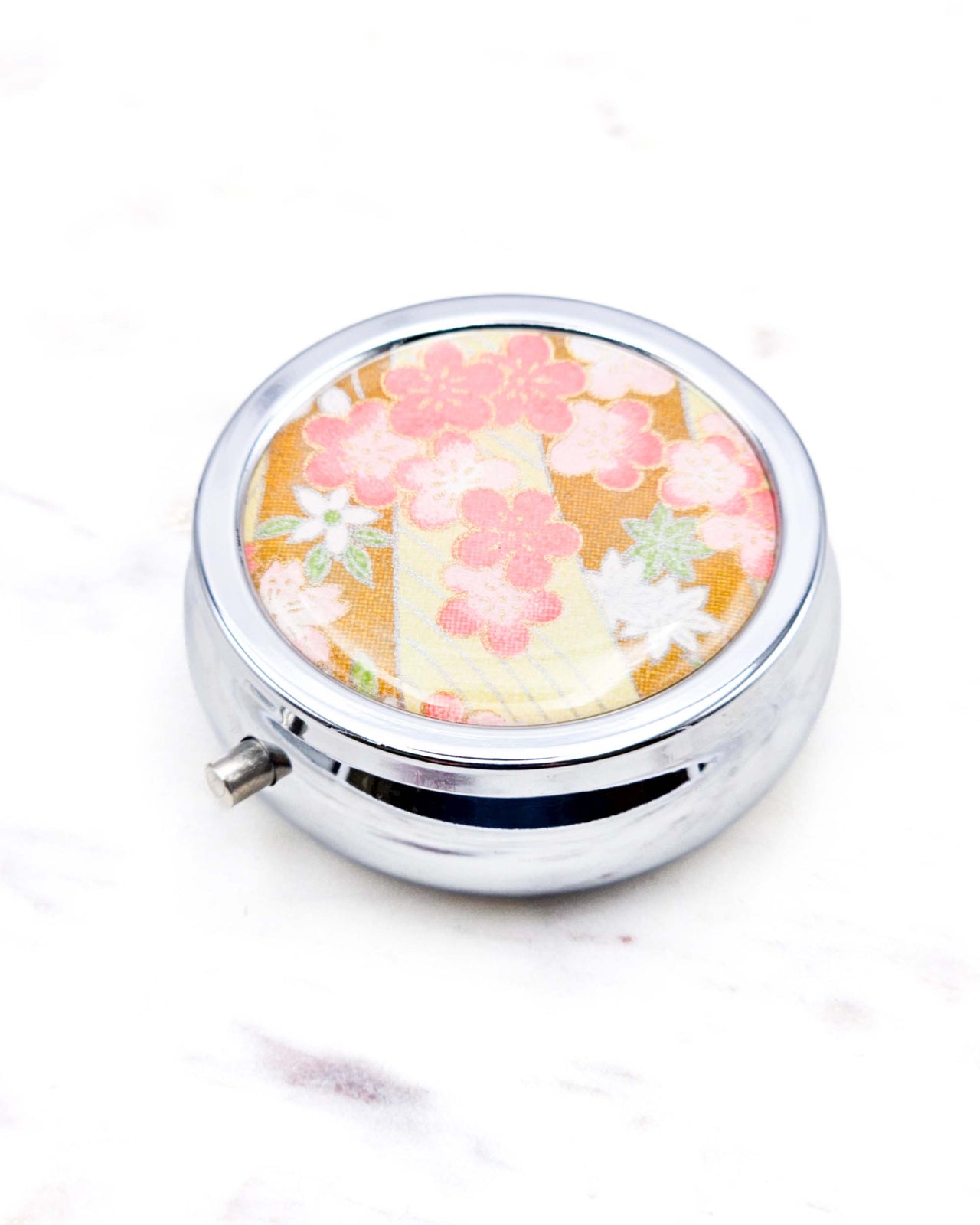 Pink Plum Blossom on Green Pill Box