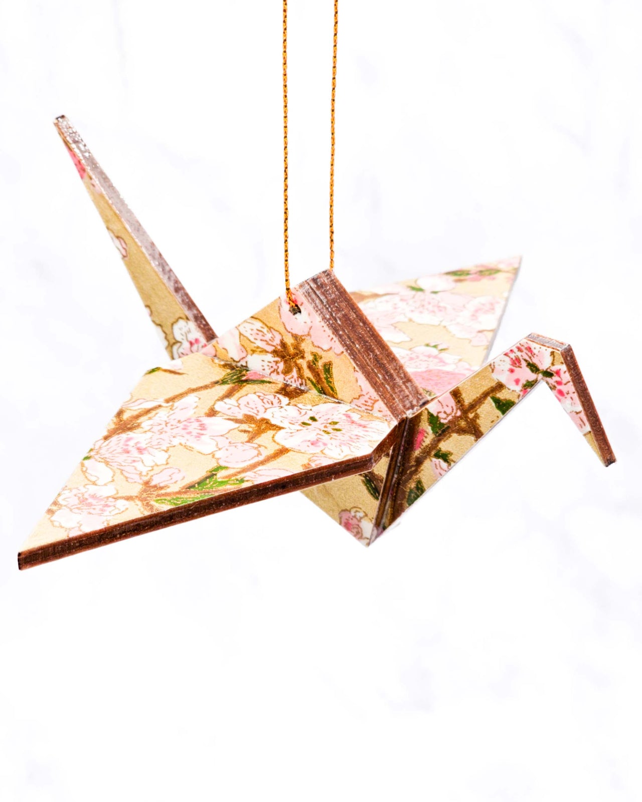 Wooden Origami Crane - Pink Plum Blossoms on Gold