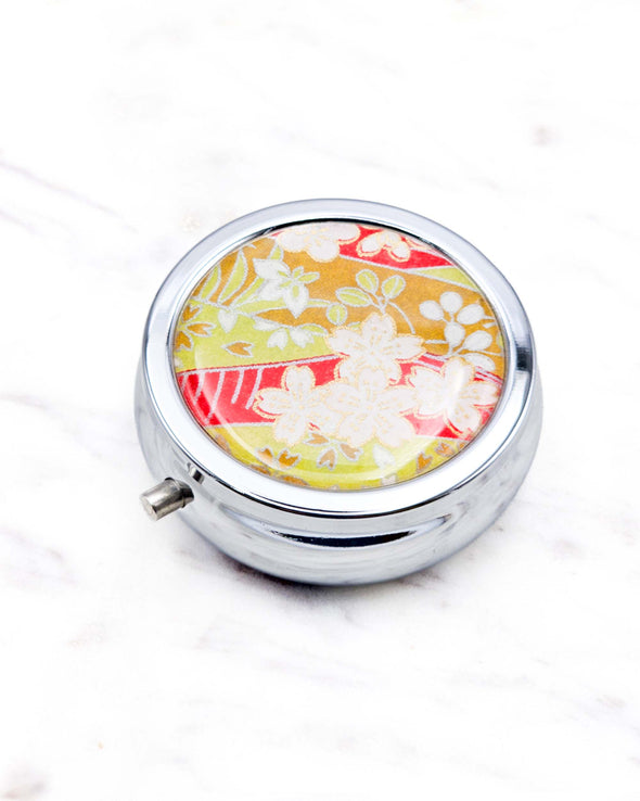 White Cherry Blossoms on Red & Green Pill Box