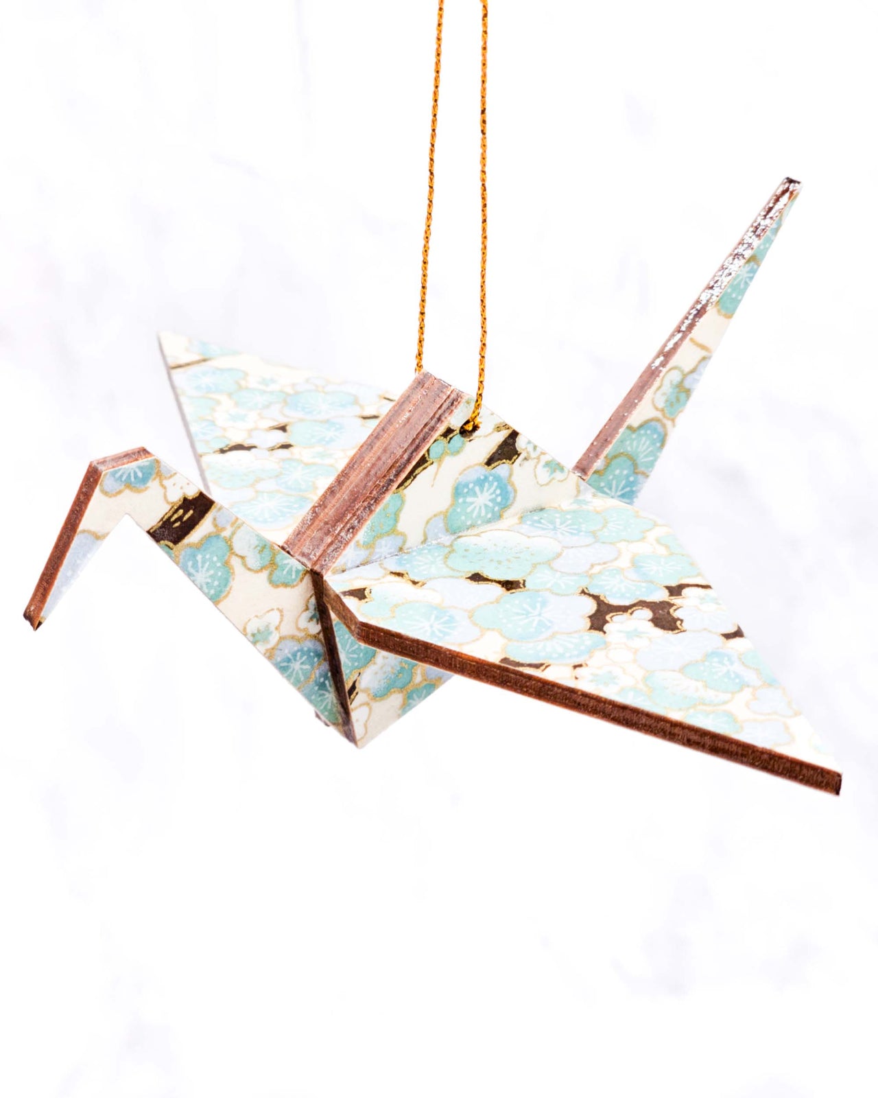 Wooden Origami Crane - Light Blue Plum Blossom Tree on Cream