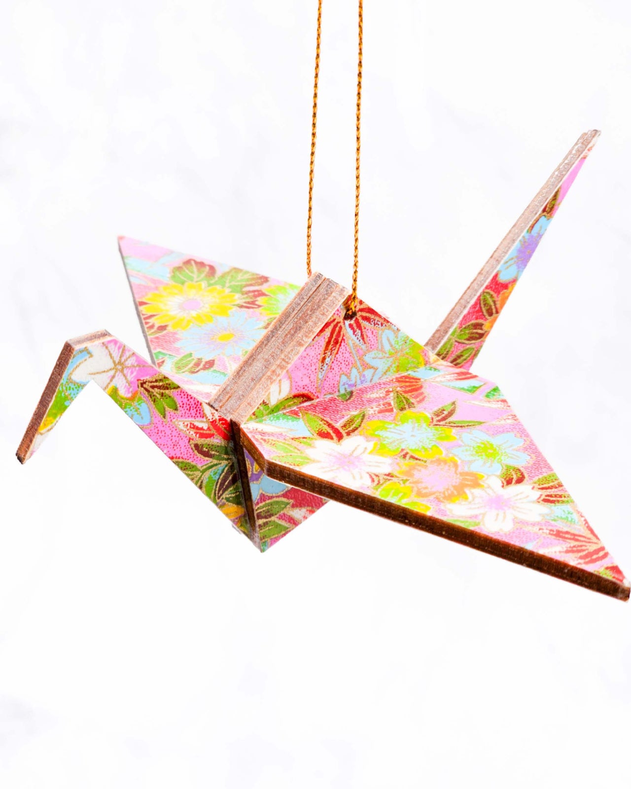 Wooden Origami Crane - Bamboo and Flowers on Pink