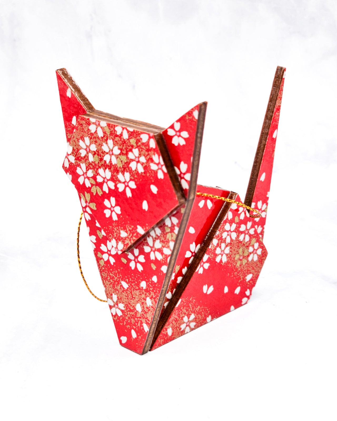 Wooden Origami Cat - White & Gold Cherry Blossoms on Red