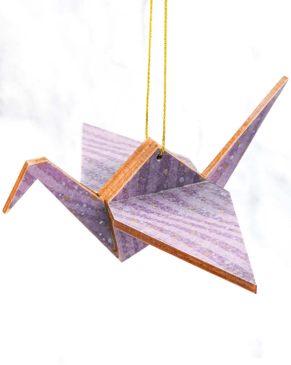 Wooden Origami Crane - Purple Swirls