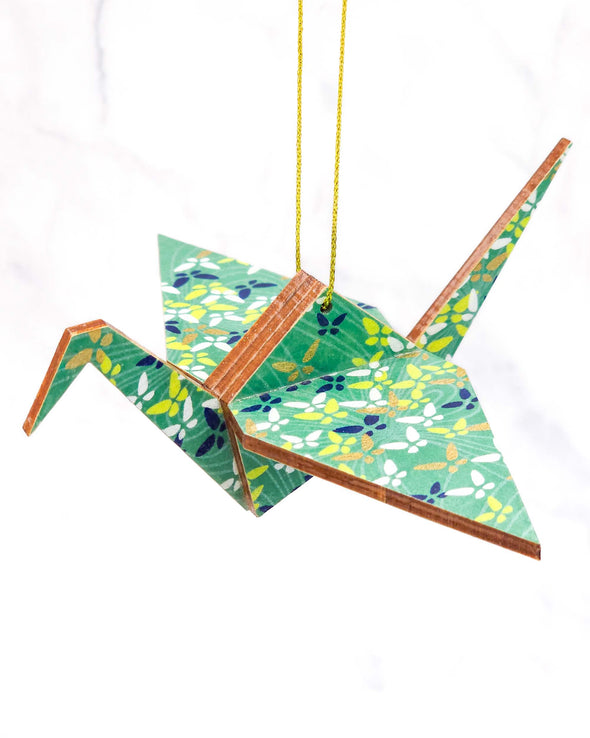 Wooden Origami Crane - Butterflies on Jade Green