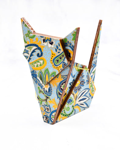 Wooden Origami Cat - Green & Yellow Paisley on Light Blue