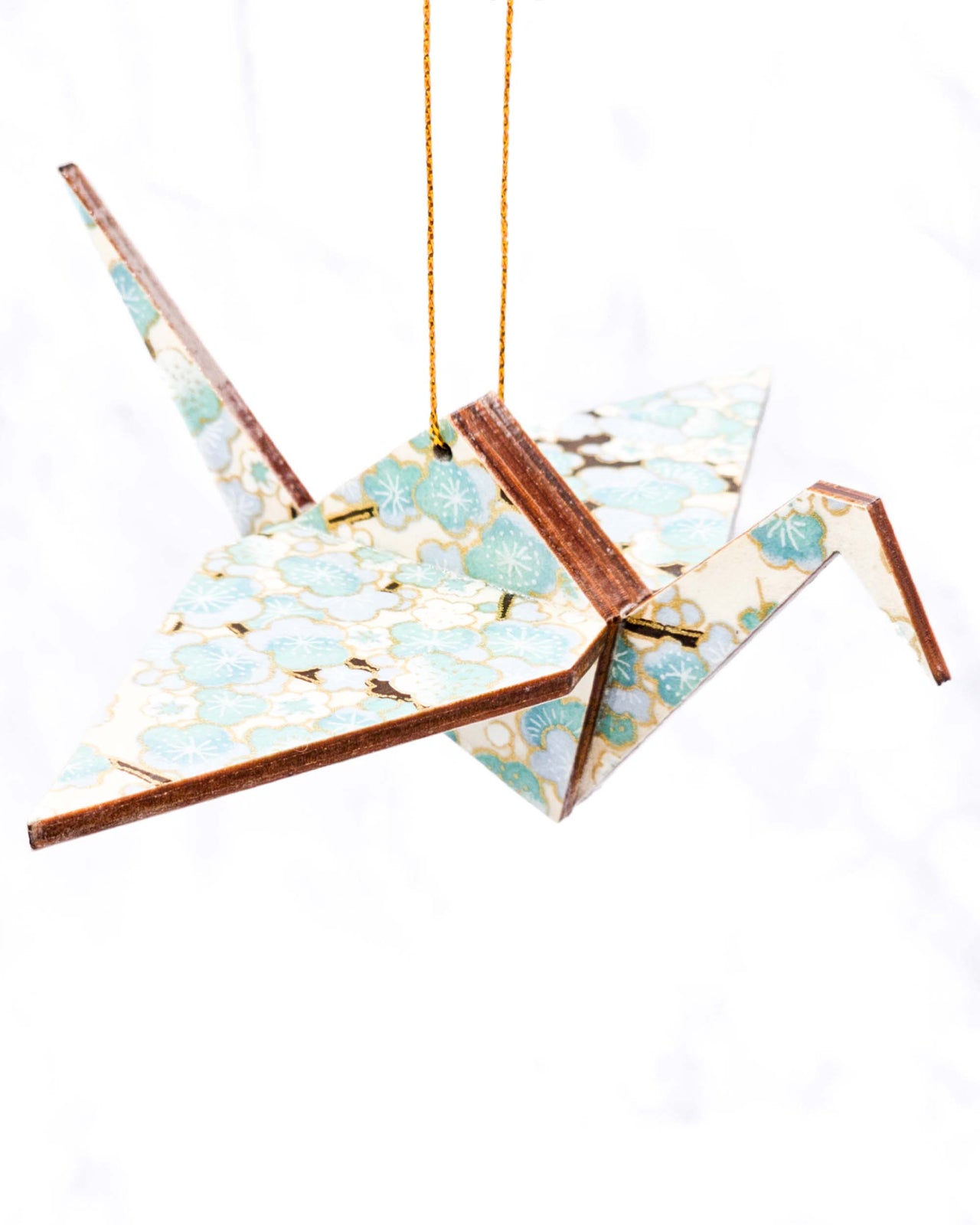 Wooden Origami Crane - Light Blue Plum Blossom Tree on Cream