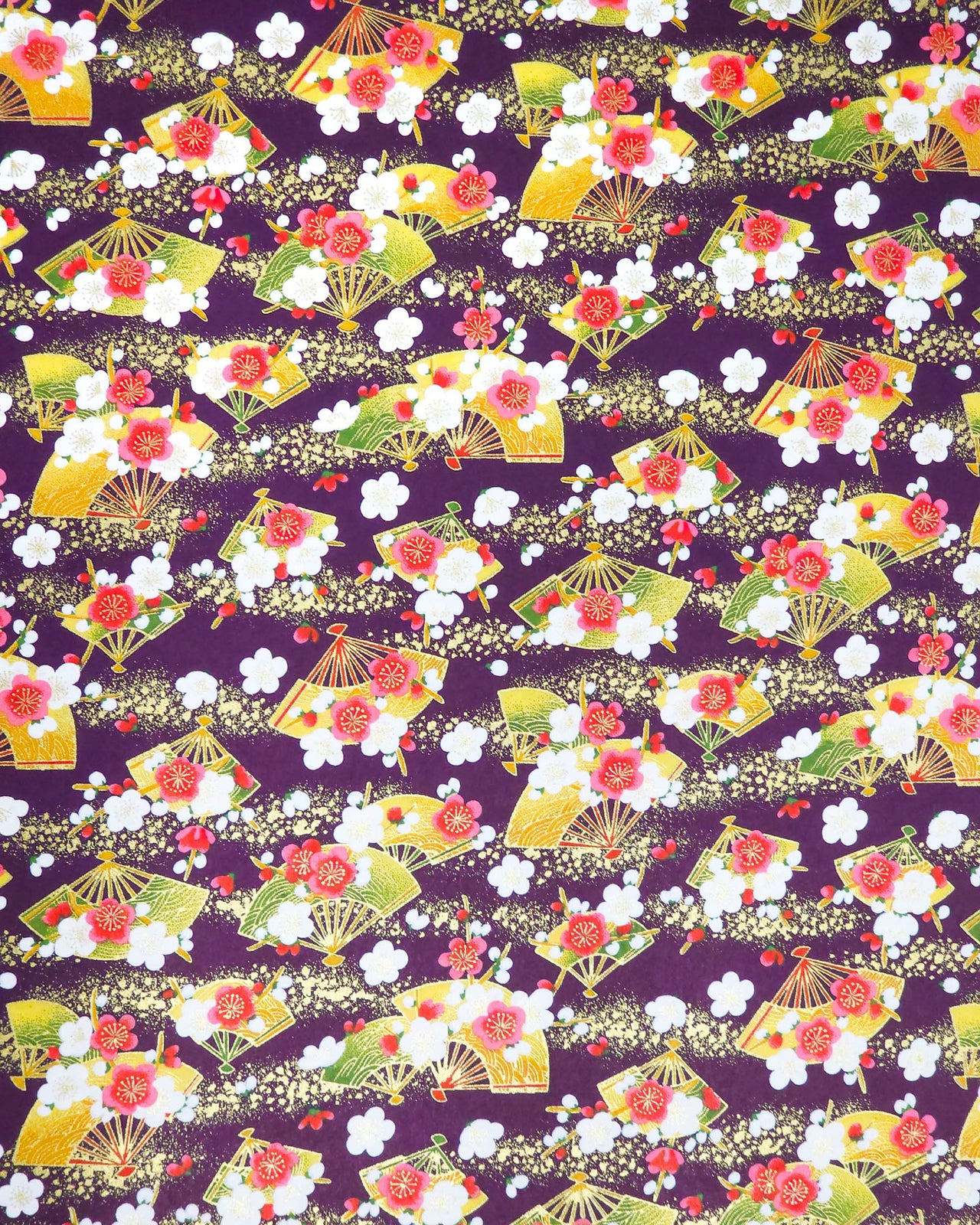 Japanese chiyogami paper featuring green & yellow hand fans with pink & white plum blossoms on a purple background with metallic gold accents.