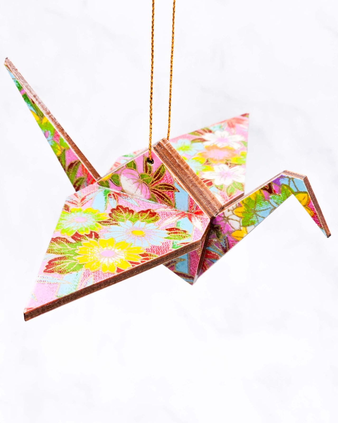 Wooden Origami Crane - Bamboo and Flowers on Pink