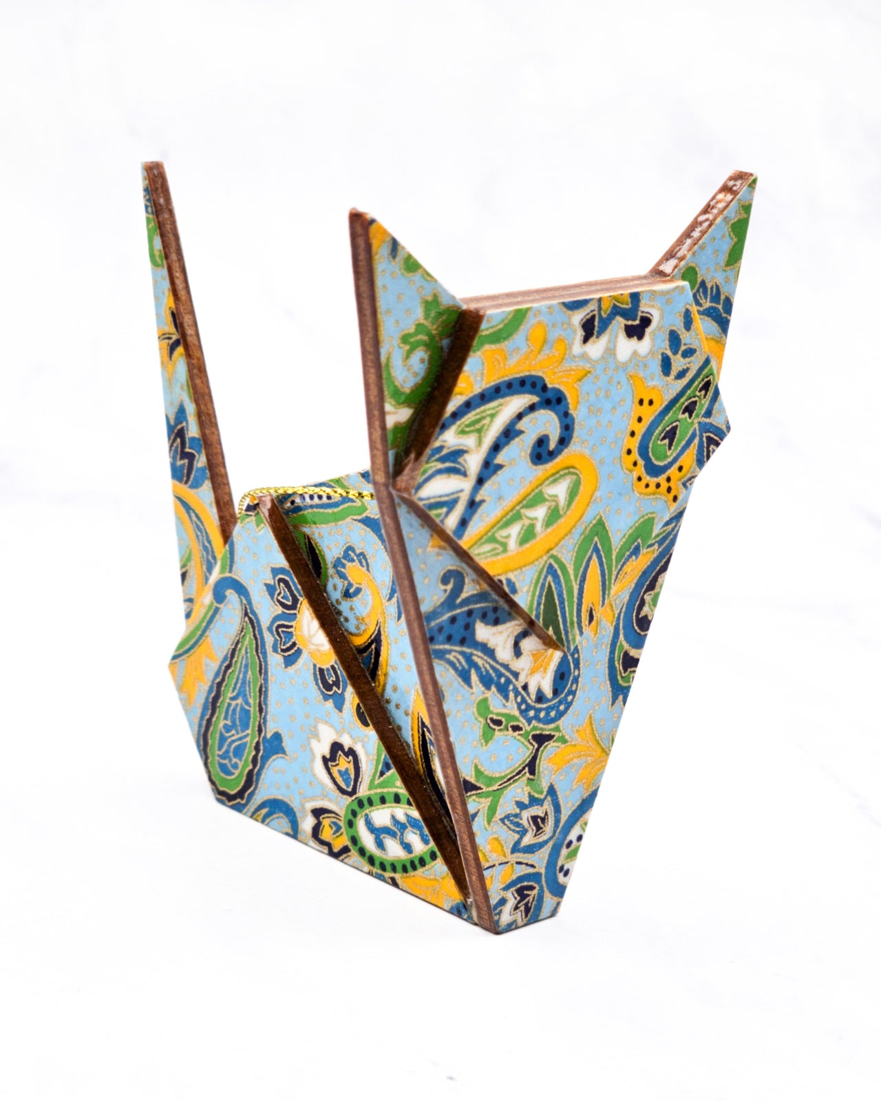 Wooden Origami Cat - Green & Yellow Paisley on Light Blue