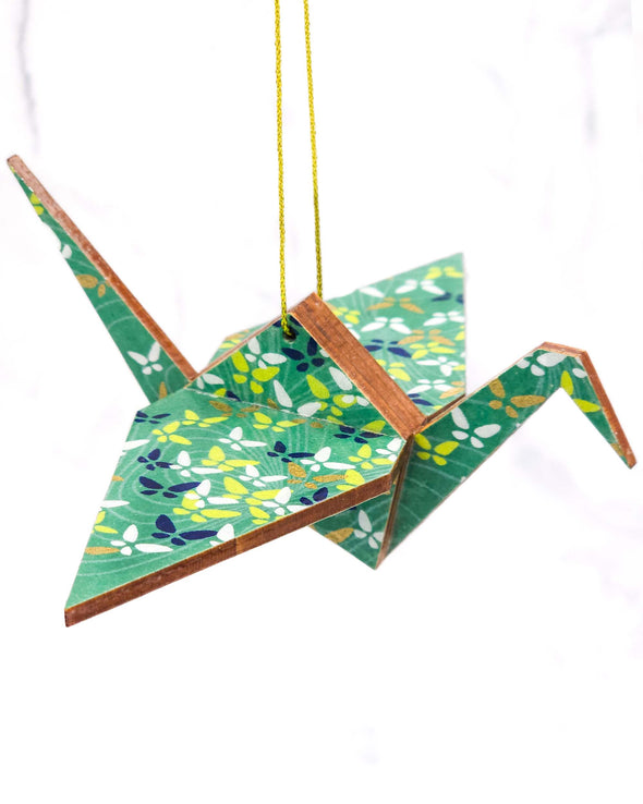 Wooden Origami Crane - Butterflies on Jade Green