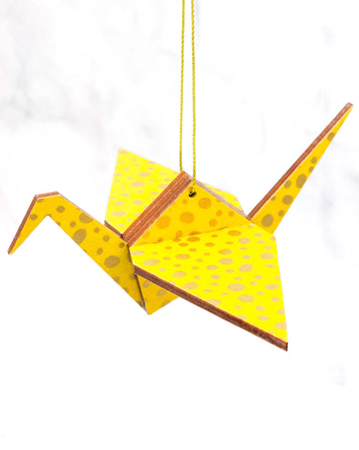 Wooden Origami Crane - Gold Dots on Yellow