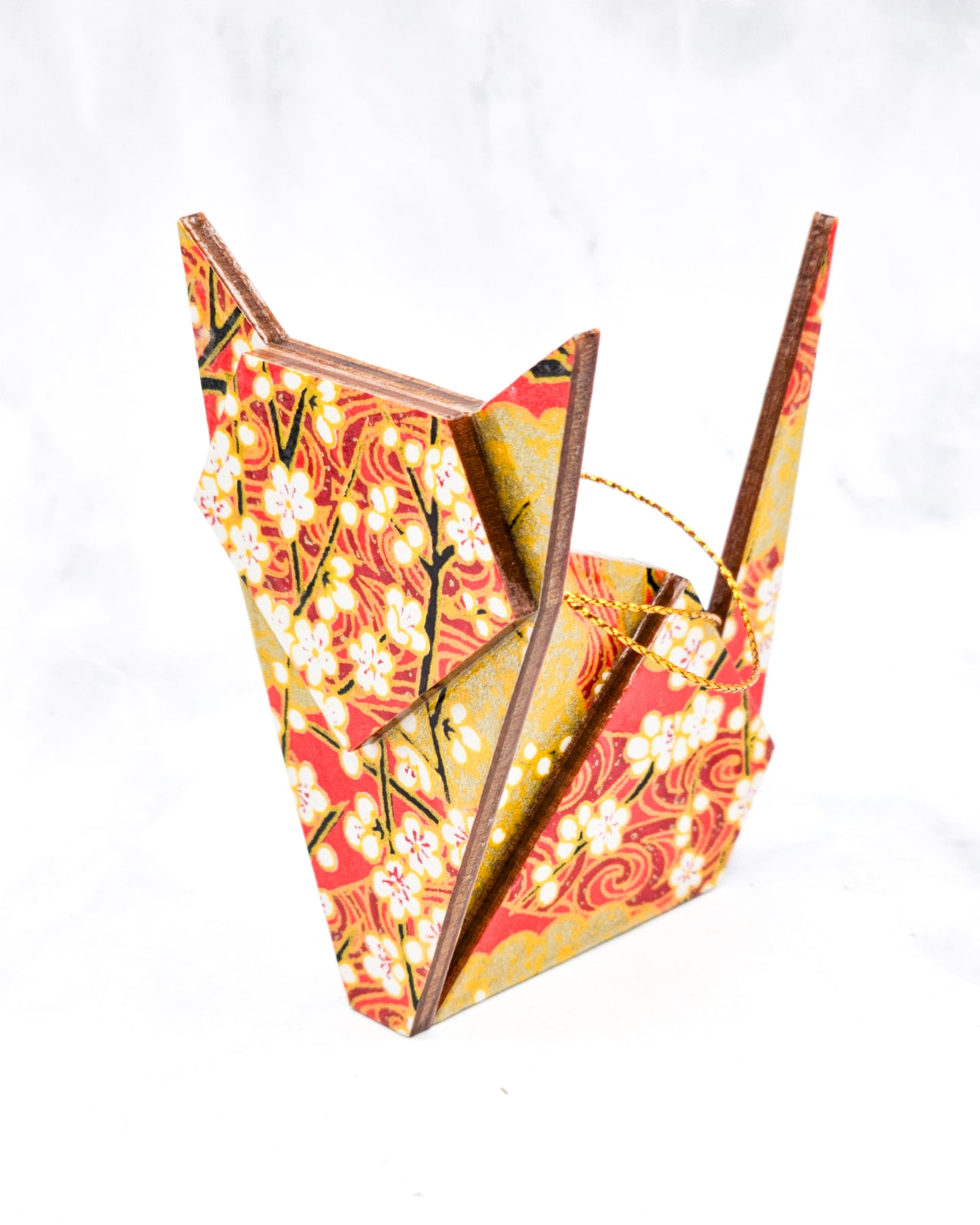 Wooden Origami Cat - White Plum Blossom Branches on Red