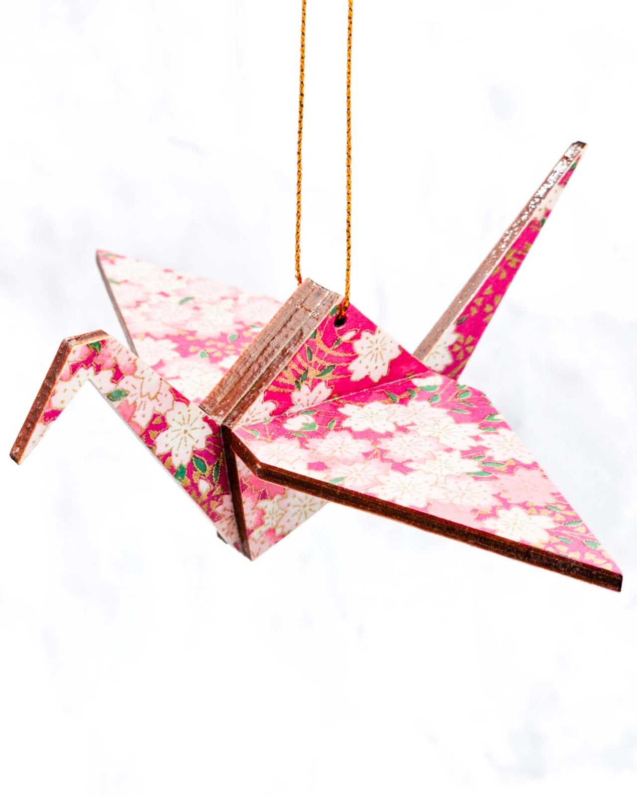 Wooden Origami Crane - Pink & White Cherry Blossoms on Pink