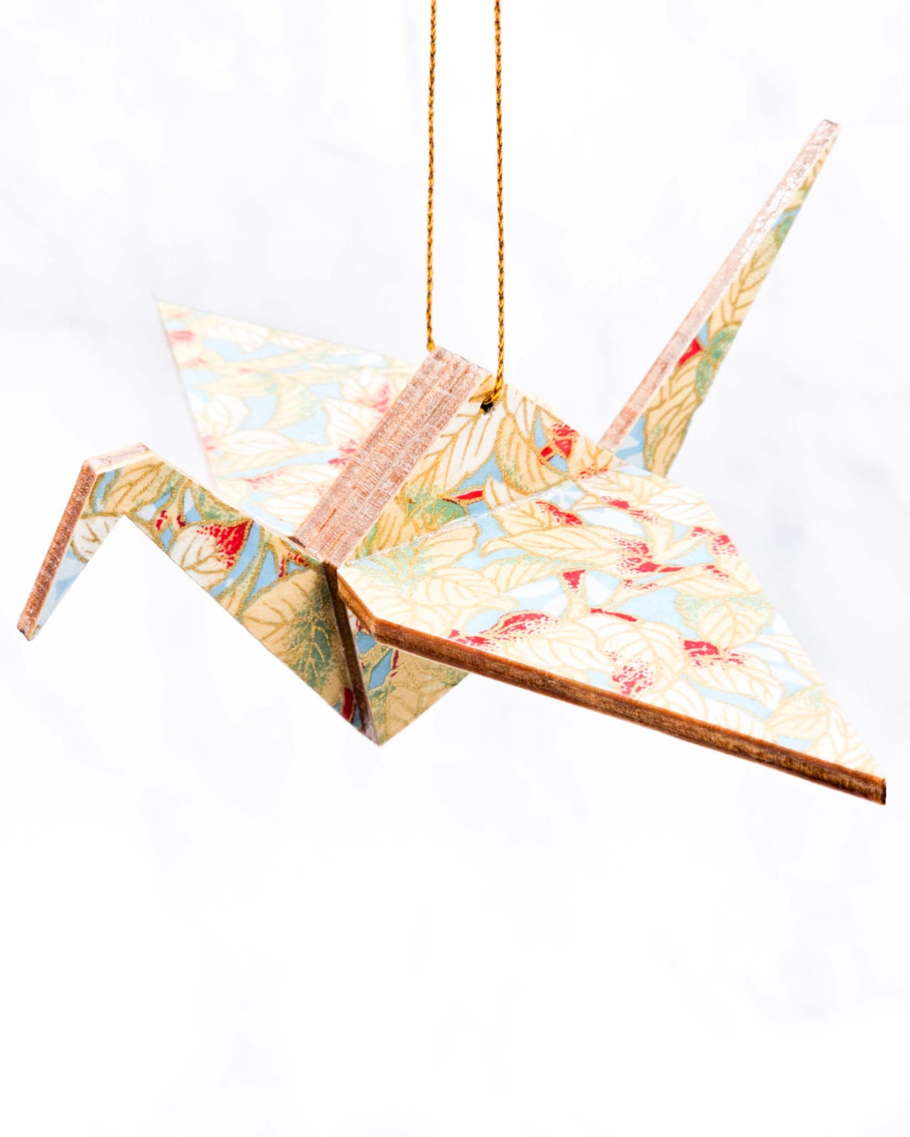 Wooden Origami Crane - Beige Leaves on Blue