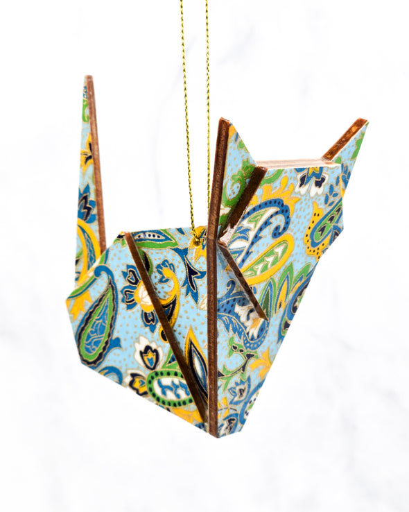 Wooden Origami Cat - Green & Yellow Paisley on Light Blue