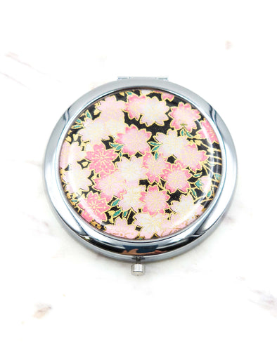 Pink Cherry Blossoms on Black Compact Mirror