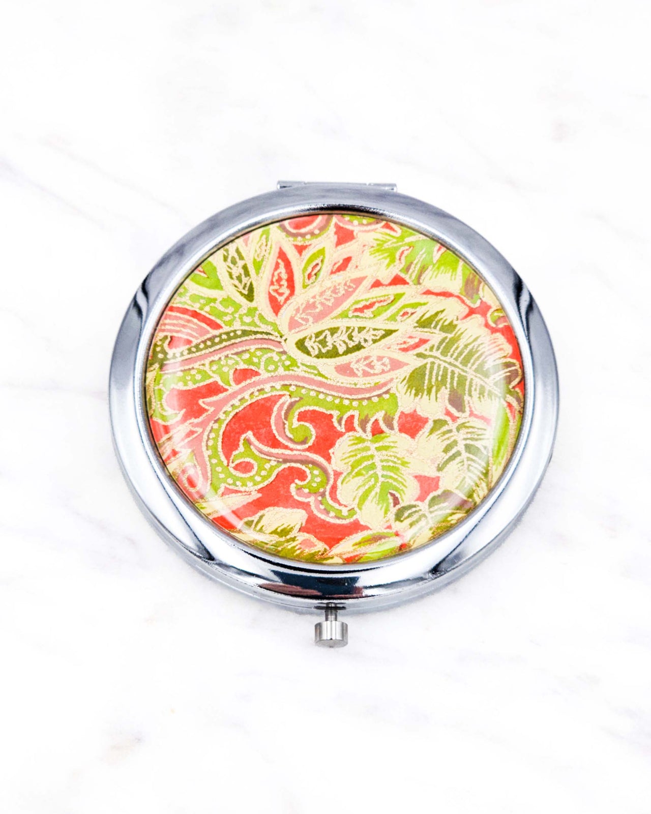 Compact Mirror - Green & Pink Fronds on Red