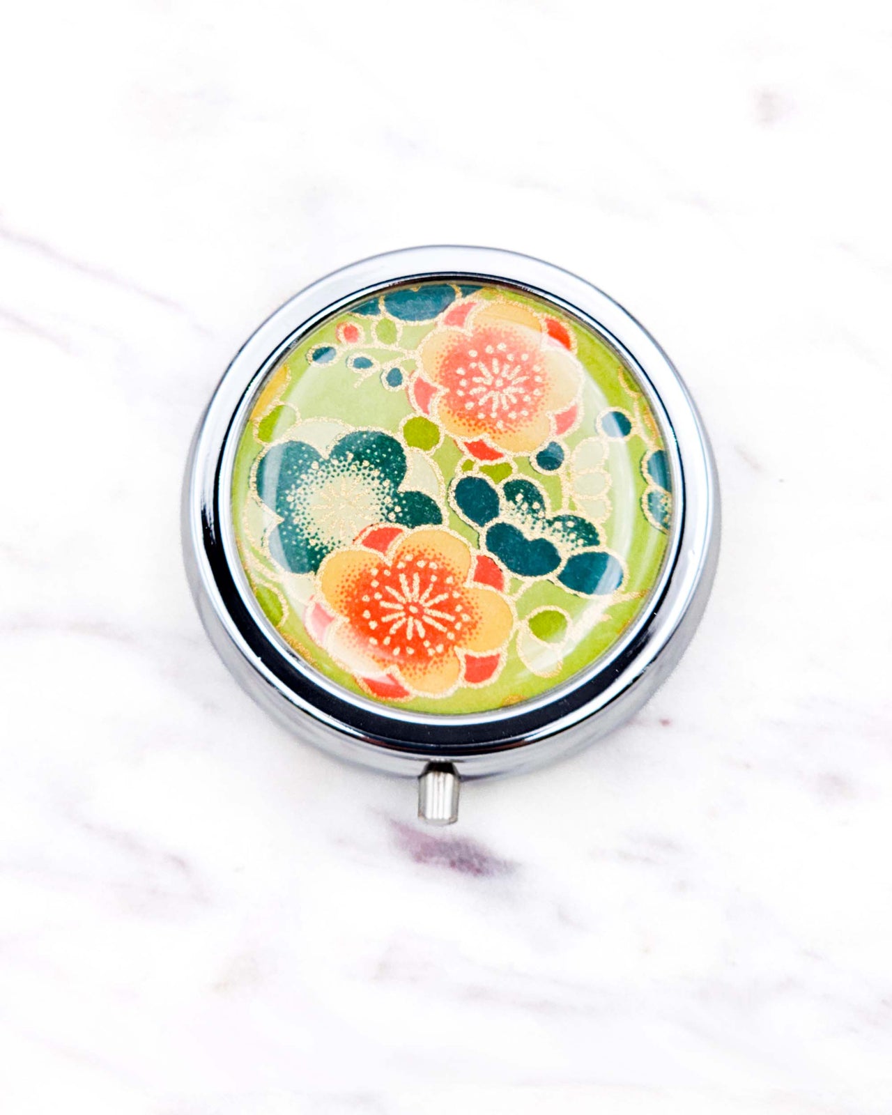 Orange & Blue Plum Blossoms on Green Pill Box